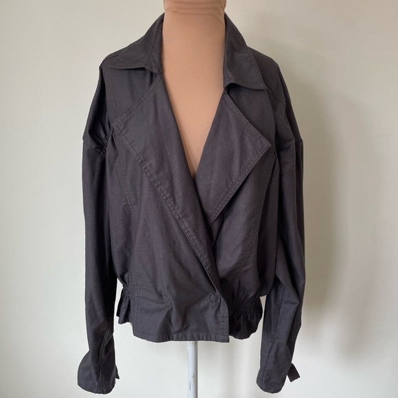 By Anthropologie Cropped Ruched-Sleeve Washed Black Cotton Moto Jacket EUC Sz XL - Picture 6 of 12